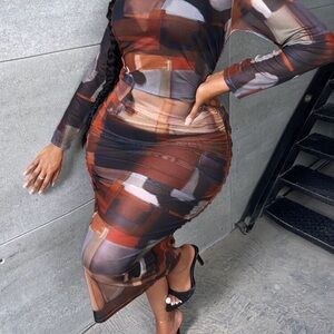 Sheer Long Sleeve Ruched Maxi Dress